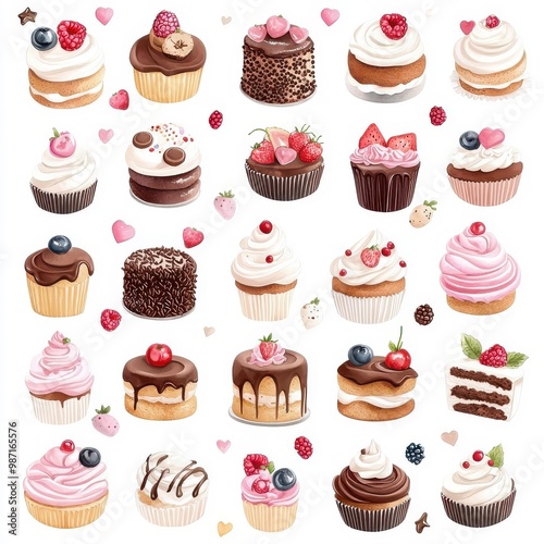 Watercolor seamless pattern of chocolate cakes isolated on white for an artistic flair.