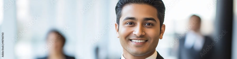 A man in a suit is smiling and looking at the camera. He is wearing a tie and he is in a professional setting A man in a suit is smiling and looking at the camera. He is wearing a tie and he is in a professional setting