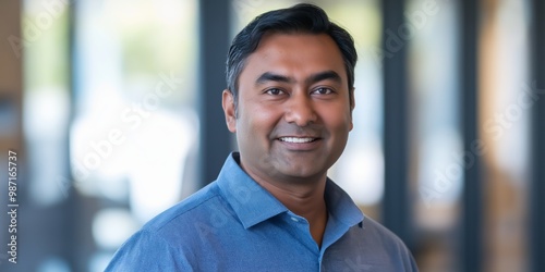 A man with a blue shirt and a smile on his face. He is wearing a blue shirt with a pattern on it