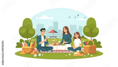 family enjoying a picnic in the park flat design illustration isolated on white background