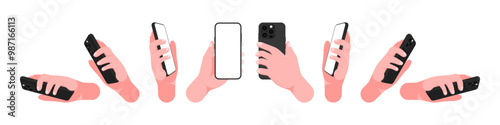 Hand Holding Smartphone and Mobile Phone: Vector Illustration with Front, Side, and Back Views for Web Banners, Social Media, Business Presentations, and Marketing Materials