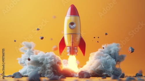 Rocket launch amid clouds in a vibrant blue sky