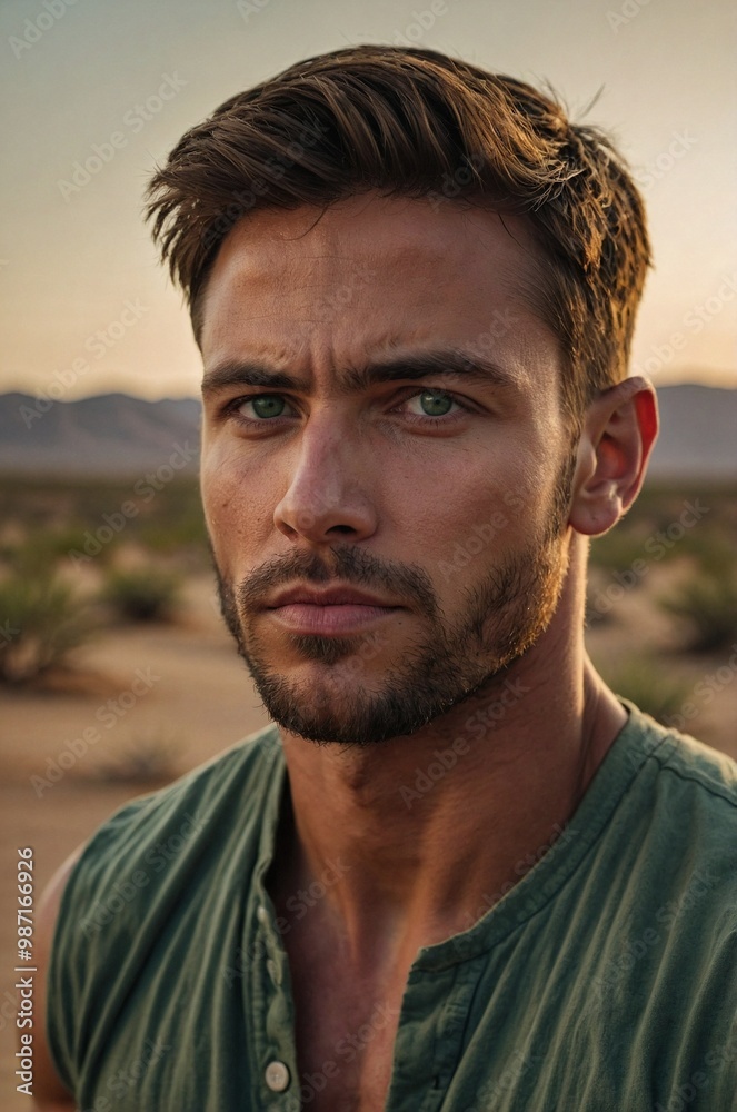 The young man stands confidently in a serene desert setting, bathed in warm golden light The young man stands confidently in a serene desert setting, bathed in warm golden light