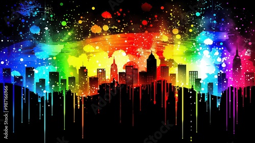 Colorful city skyline illustration with vibrant splashes and drips photo