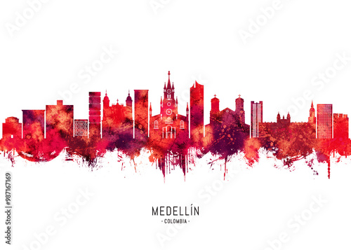 Obraz na płótnie Medellin Colombia Skyline Red w salonie