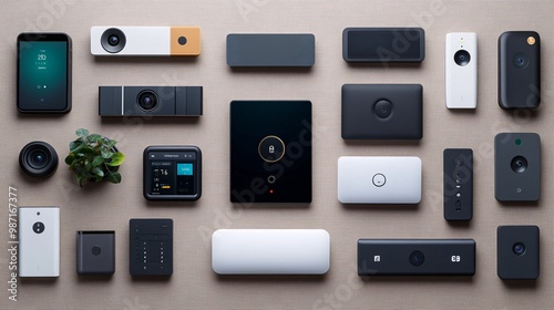 A smart security system featuring cameras smart doorbells and remote-controlled locks protecting the house from a distance Large space for text in center Stock Photo with copy space