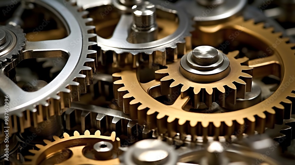 A close-up of interlocking metallic gears showcasing intricate machinery design. A close-up of interlocking metallic gears showcasing intricate machinery design.