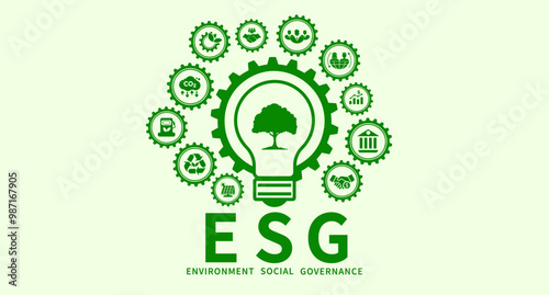 ESG icon concept for environment, society and governance in sustainable business and green business with green icons on white background.