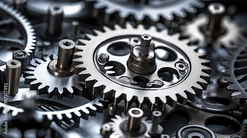 Close-up of interlocking metallic gears showcasing intricate machinery design.