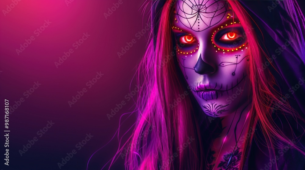 Female young model with sugar skull makeup glowing eyes vibrant purple hues day of dead festive celebration copy space Female young model with sugar skull makeup glowing eyes vibrant purple hues day of dead festive celebration copy space