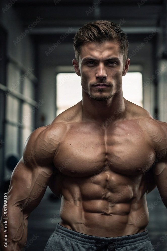 Muscular man with defined physique flexing in a gym, showcasing strength and fitness during a training session. Muscular man with defined physique flexing in a gym, showcasing strength and fitness during a training session.