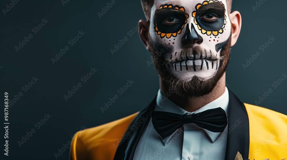 young man with skull painted face wearing yellow tuxedo black bow tie dark background copy space