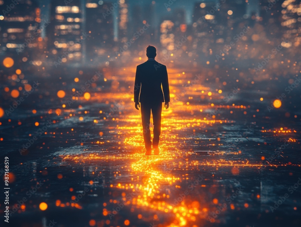 Businessman silhouette walking on a path of glowing ideas leading toward a futuristic city. Business success concept background. Businessman silhouette walking on a path of glowing ideas leading toward a futuristic city. Business success concept background.