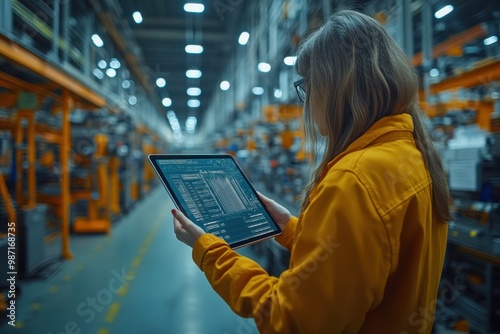 Technician using digital tablet on shop floor in a factory.