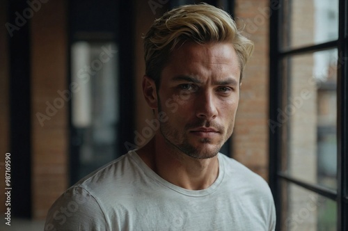 Young man with blonde hair staring pensively while standing indoors near large windows in a modern urban setting.