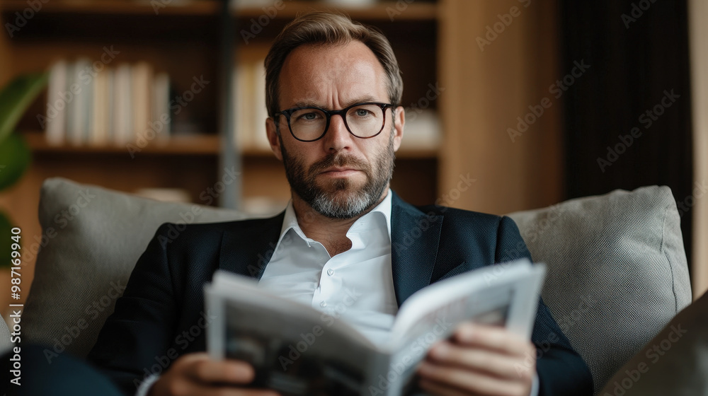 Focused Businessman Reading a Magazine in a Modern Office Focused Businessman Reading a Magazine in a Modern Office