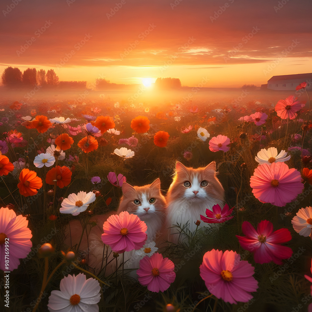 Fototapeta premium Gatos en el atardecer en un campo de flores