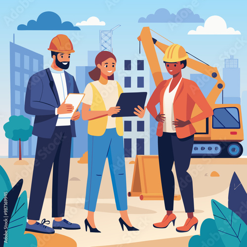 Construction Site With Excavators on Sunny Day: Diverse Team Of Male And Female Real Estate Developers Discussing Project. Engineer, Architect, Investor Talking About Apartment Building. Vector Art.