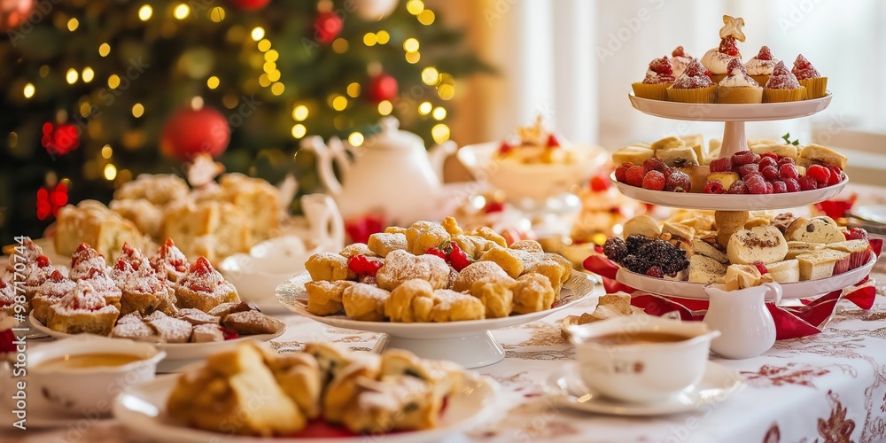A table full of desserts and a Christmas tree in the background. Scene is festive and celebratory A table full of desserts and a Christmas tree in the background. Scene is festive and celebratory