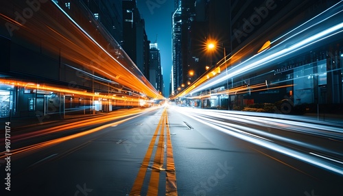 Vibrant light trails illuminating a bustling city street captured through long exposure photography