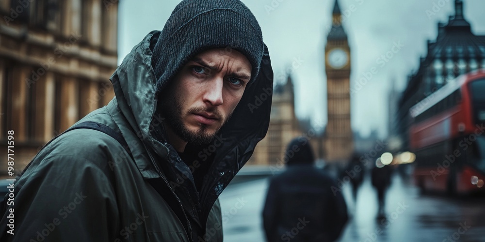 A mysterious man walks through the rainy streets of London. His intense gaze reflects the urban environment. The style is moody and cinematic. Ideal for storytelling visuals. AI A mysterious man walks through the rainy streets of London. His intense gaze reflects the urban environment. The style is moody and cinematic. Ideal for storytelling visuals. AI