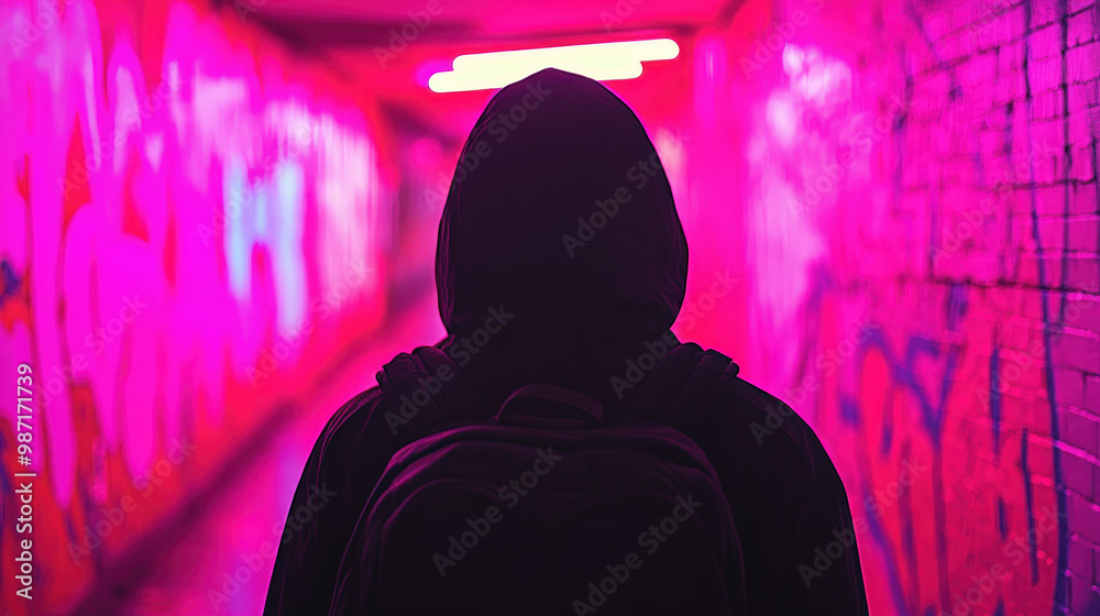 Lone Figure Silhouetted Against Neon Wall Lone Figure Silhouetted Against Neon Wall