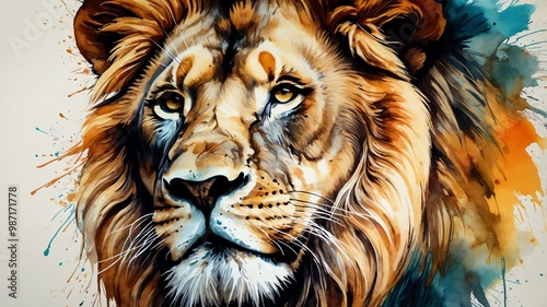 ink painting art of majestic lion flat surface background