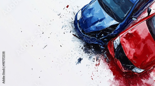 A minimal vector design of two cars involved in a minor collision viewed from above on a flat background showing damage points on both vehicles Large space for text in center Stock Photo with copy