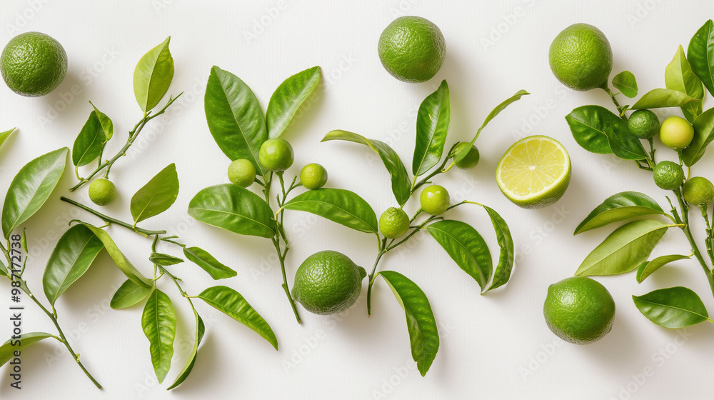 Fresh limes and branches with green leaves arranged on a white background, highlighting the natural beauty and vibrant color of the citrus fruits and foliage Fresh limes and branches with green leaves arranged on a white background, highlighting the natural beauty and vibrant color of the citrus fruits and foliage