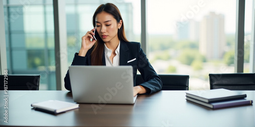 A  business woman is discussing a new strategy over the phone in a bright and productive office (with copy space).