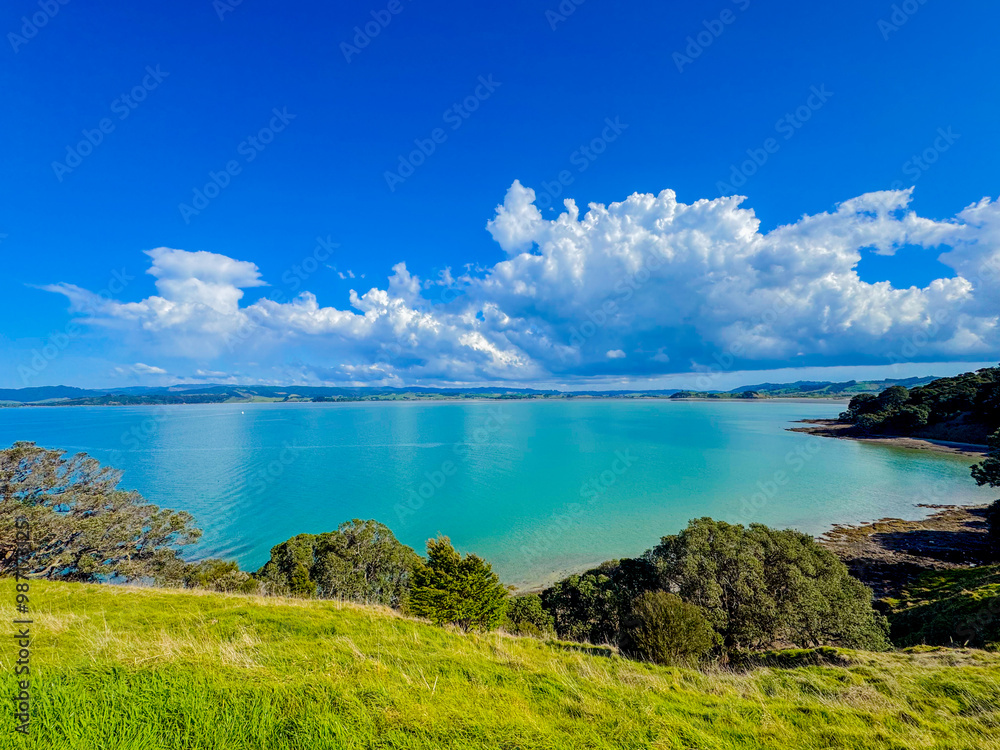 View of a park in New Zealand. Blue ocean and green grass field on spring day. Duder Park. View of a park in New Zealand. Blue ocean and green grass field on spring day. Duder Park.