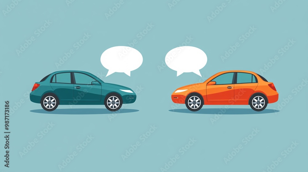 Obraz premium Vector image showing two eco-cars in a rear-end collision with speech bubbles above the drivers talking about insurance solutions in a minimal style Large space for text in center Stock Photo with