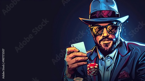A stylish man in sunglasses holds playing cards and poker chips, exuding a gambling vibe.