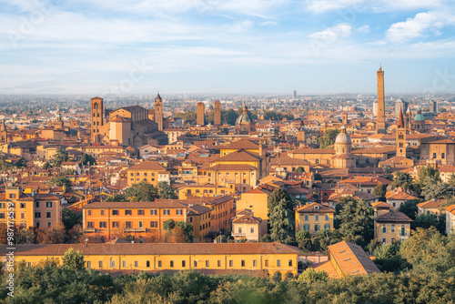 panoramic view of rooftops and buildings in Bologna, Italy