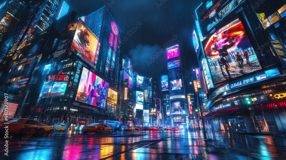 A futuristic cityscape with holographic billboards and immersive entertainment experiences at night A futuristic cityscape with holographic billboards and immersive entertainment experiences at night