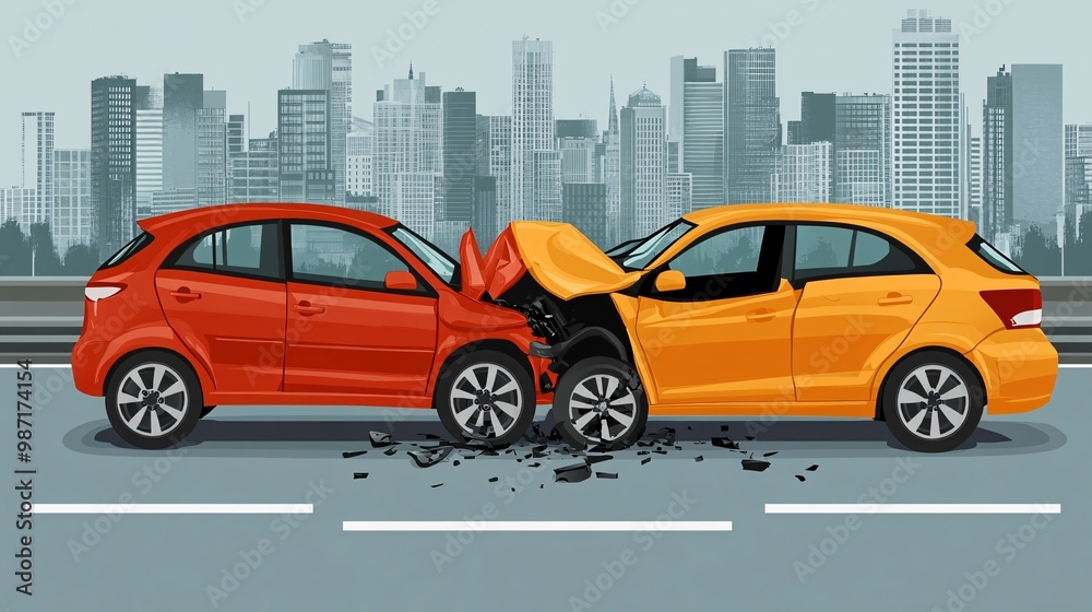 Flat vector illustration of a car accident on a city street with both vehicles lightly damaged and floating insurance documents highlighting post-accident services Large space for text in center Flat vector illustration of a car accident on a city street with both vehicles lightly damaged and floating insurance documents highlighting post-accident services Large space for text in center