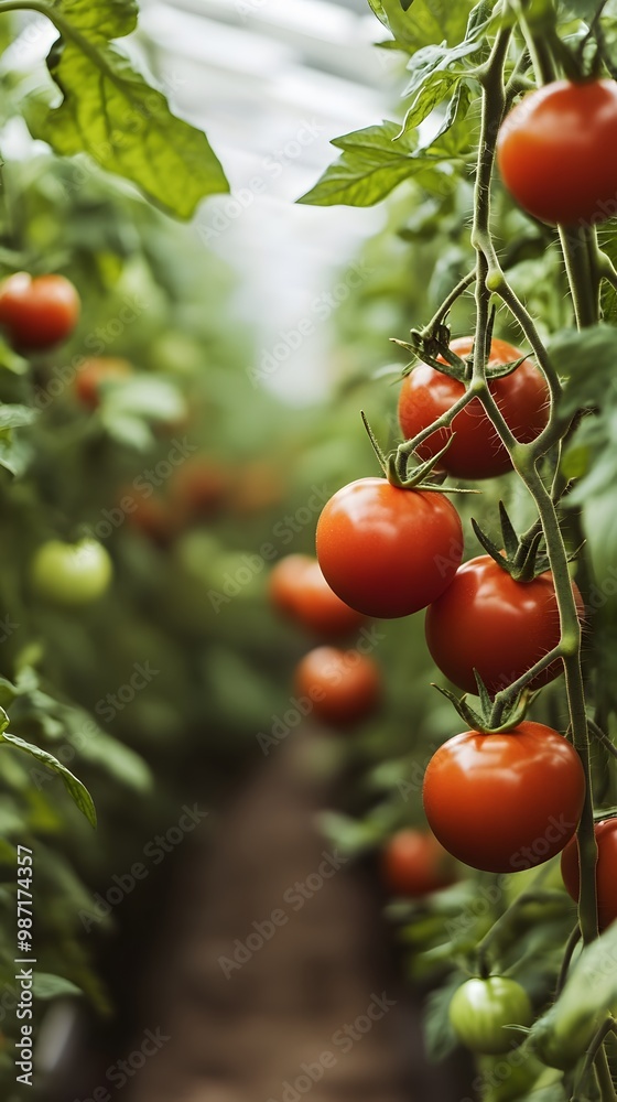 A panoramic view of tomatoes growing in greenhouses, showcasing the diverse and colorful variety A panoramic view of tomatoes growing in greenhouses, showcasing the diverse and colorful variety
