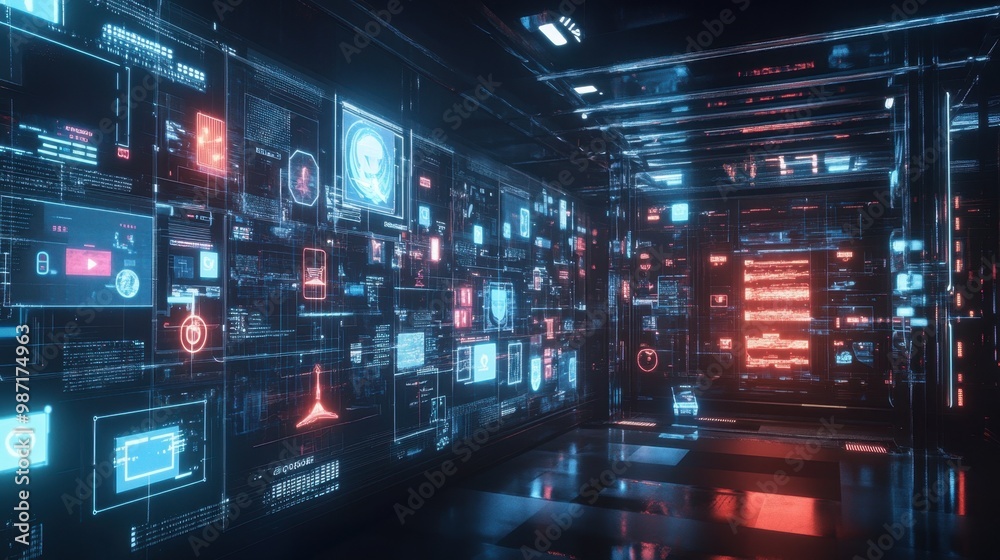 A futuristic social media hub with vibrant icons and user interactions glowing on holographic screens A futuristic social media hub with vibrant icons and user interactions glowing on holographic screens
