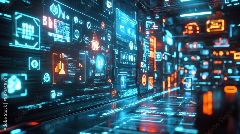 A futuristic social media hub with vibrant icons and user interactions glowing on holographic screens A futuristic social media hub with vibrant icons and user interactions glowing on holographic screens