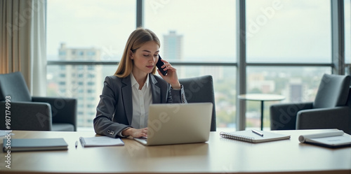 A  business woman is discussing a new strategy over the phone in a bright and productive office (with copy space).