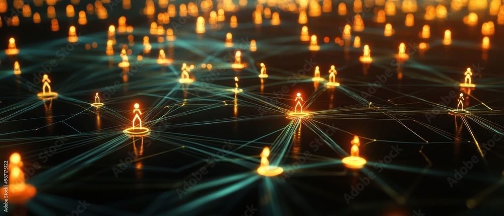 Abstract representation of social networks with glowing nodes and user profiles linked by data streams Abstract representation of social networks with glowing nodes and user profiles linked by data streams