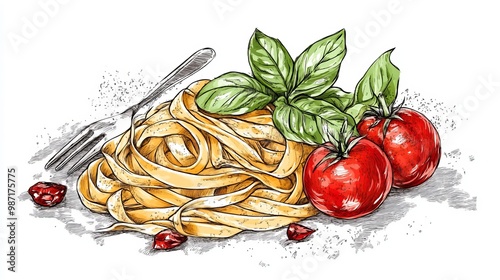A hand-drawn sketch of Italian pasta garnished with fresh tomatoes and basil. The illustration captures the essence of this classic dish, emphasizing the vibrant colors 