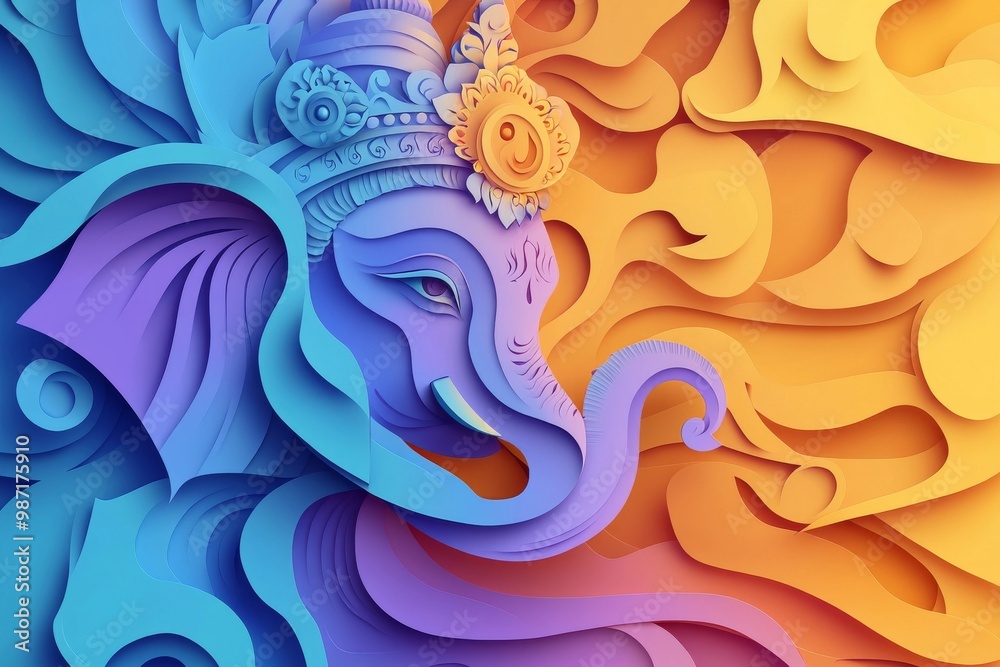 abstract background made from paper cut. Copy space over paper. paper layer shape form is the big Ganesh elephant head. Diwali festival of India concept abstract background made from paper cut. Copy space over paper. paper layer shape form is the big Ganesh elephant head. Diwali festival of India concept