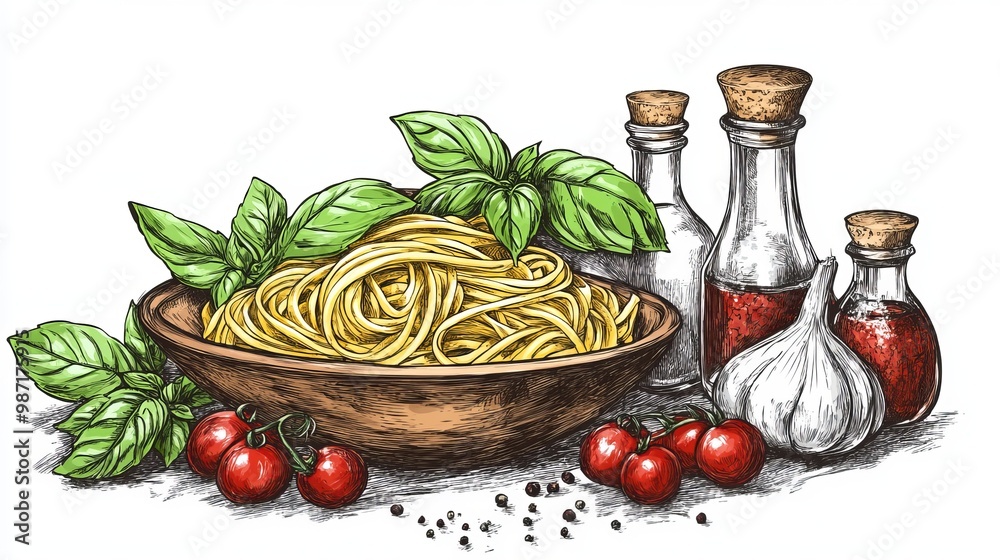 A hand-drawn sketch of Italian pasta garnished with fresh tomatoes and basil. The illustration captures the essence of this classic dish, emphasizing the vibrant colors A hand-drawn sketch of Italian pasta garnished with fresh tomatoes and basil. The illustration captures the essence of this classic dish, emphasizing the vibrant colors