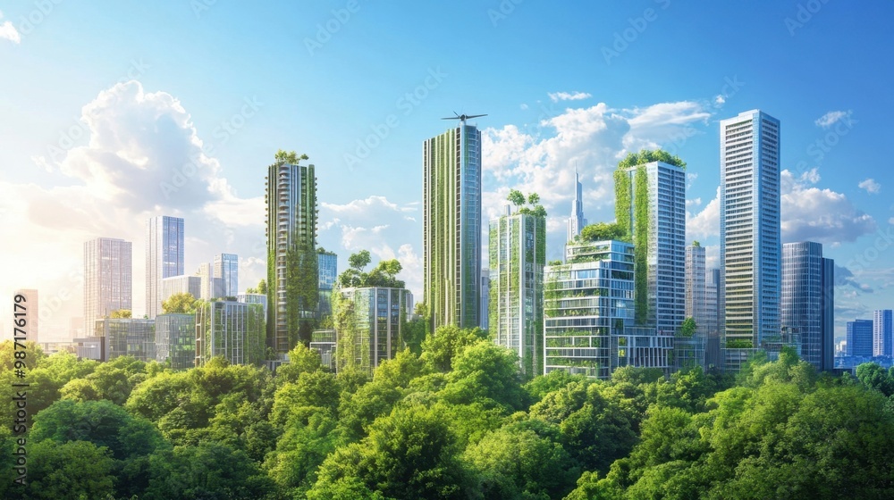 Obraz premium A sustainable cityscape with green buildings powered by renewable energy under a clear blue sky