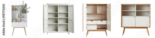 Collection of modern minimalist wooden furniture pieces including shelving units cabinets and dressers arranged in a tidy organized room interior design