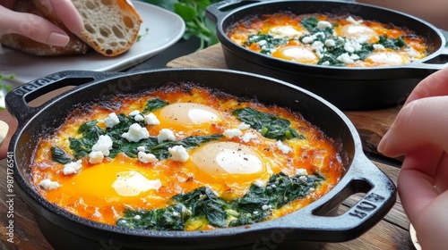 Huevos horneados con espinacas frescas y queso feta, cocidos en una sartén de hierro fundido, acompañados de pan.