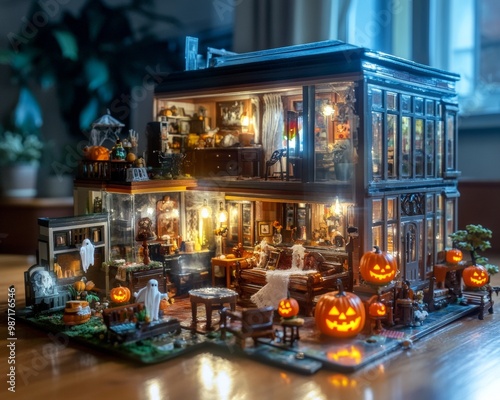 Haunted dollhouse filled with glowing jack-o-lanterns ghostly figures photo