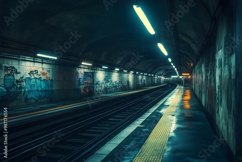 A long, dark tunnel with graffiti-covered walls and a yellow line leading to a bend in the distance.