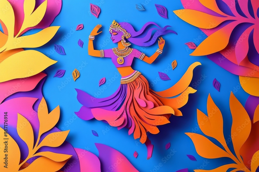 abstract background made from paper cut. Copy space over paper., paper layer shape form is a lot of Indian girls wear Indian suit are dancing in Diwali festival. India style abstract background made from paper cut. Copy space over paper., paper layer shape form is a lot of Indian girls wear Indian suit are dancing in Diwali festival. India style